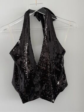 Black Sequin Halter Vest Top